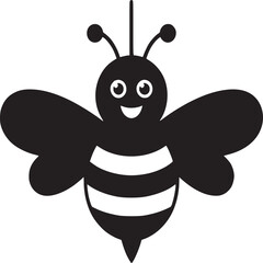 A black and white cartoon bee with stripes and a smiling face on a white background illustration