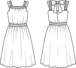 ruffled strap dress sketch, gathered neckline design, sewing pattern template, cad drawing, fashion illustration, garment construction
