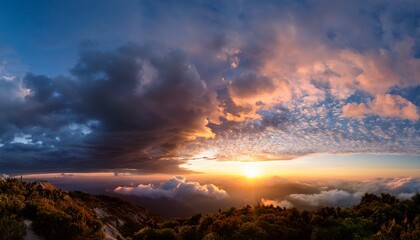 dramatic sunset sky panorama during golden hour cloud scape serene sky path above raising clouds at sunset