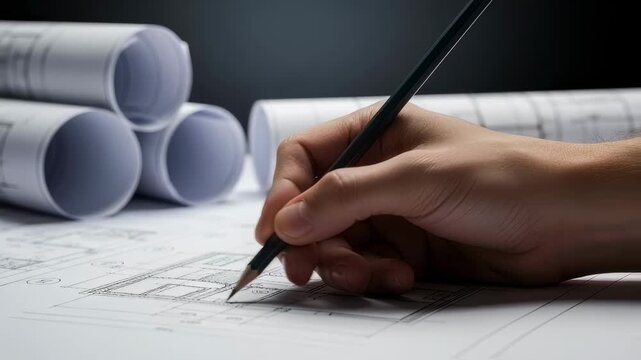 Architectural planning scene showing line drawings drafting pencil and background of rolled documents.