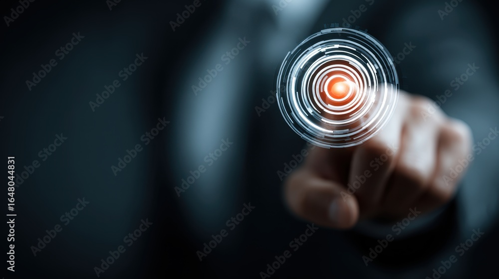 Poster businessman interacting with virtual interface on digital screen, showing financial data analytics g