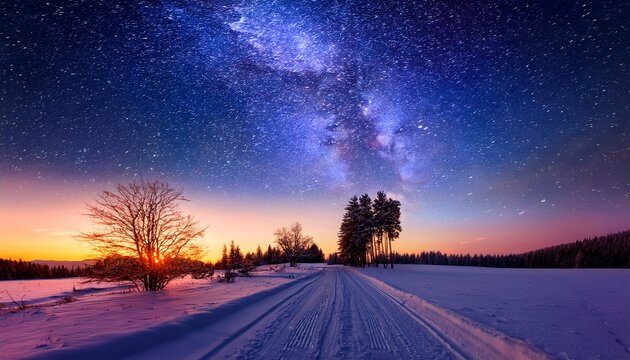 serene winter landscape featuring a snow covered road silhouetted trees and a breathtaking milky way galaxy stretching across a vibrant sunset sky
