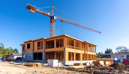 A large tower crane lifts materials at a new apartment building construction site under a clear sky
