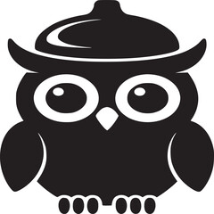 A black and white graphic of an owl with large eyes wearing a hat on a white background design art