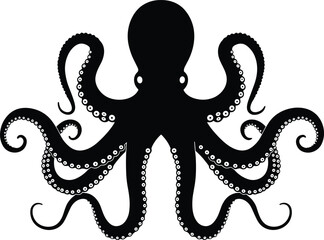 A magnificent black octopus silhouette with detailed tentacles and suction cups, representing ocean life, intelligence, and a dynamic sea creature, flat vector illustration © Mehebub Creatives