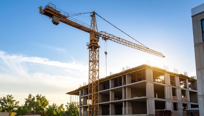A large tower crane lifts materials at a new apartment building construction site under a clear sky