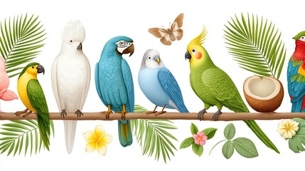 Obraz premium Colorful Tropical Birds on Branch Seamless Illustration