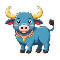 Fototapeta premium Cute Blue Cartoon Water Buffalo with Gold Necklace