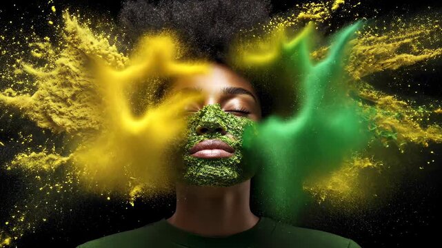 Portrait of a woman with botanical face and colorful powder explosion
