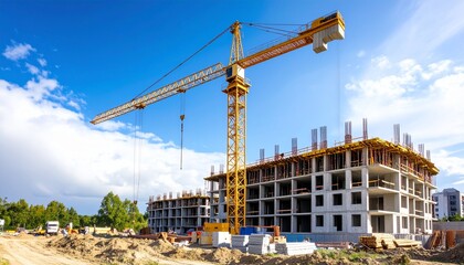 A large tower crane lifts materials at a new apartment building construction site under a clear sky