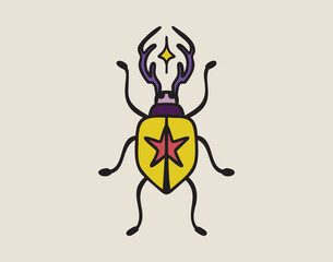 Mystical beetle with star, boho mystical witchy hand drawn style