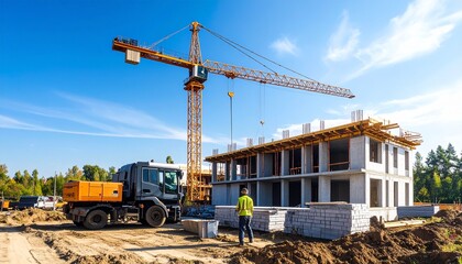A large tower crane lifts materials at a new apartment building construction site under a clear sky