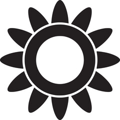 A black and white graphic of a flower with rounded petals around a circular center design element