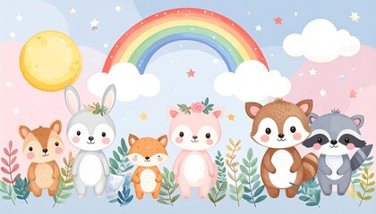 Naklejka premium Cute animal characters in a pastel landscape