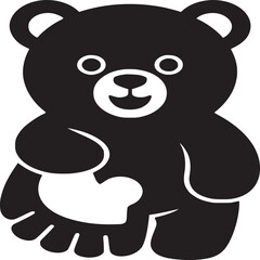 A black and white illustration of a teddy bear holding a heart with a happy face on a white background