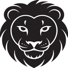 A black and white graphic illustration of a lion's head with a simplified design and a white outline