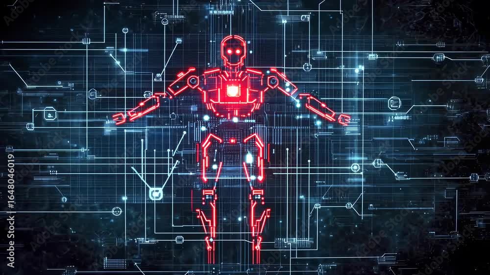 Poster futuristic red robot surrounded by digital circuitry