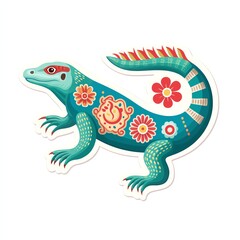 Fototapeta premium Teal Lizard with Floral and Geometric Patterns on White Background