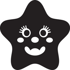 A black star shaped cartoon character with a smiling face on a white background illustration art