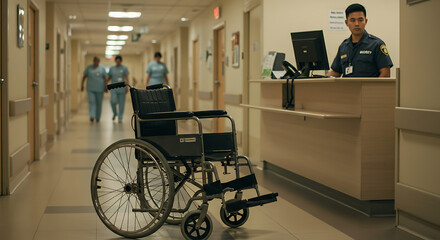 Empty wheelchair sits in hospital corridor, nurses walking in background, security guard at desk.