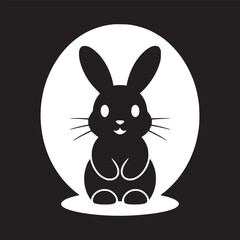 A simple black and white illustration of a rabbit in front of a white circle on black background