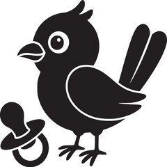 A black and white illustration of a bird standing next to a pacifier on a white background