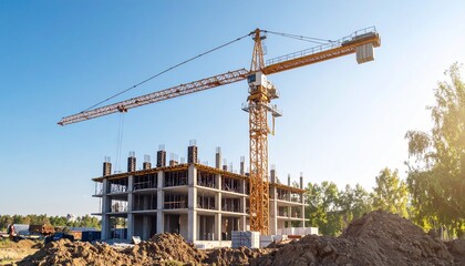 A large tower crane lifts materials at a new apartment building construction site under a clear sky