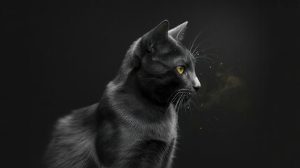 Mysterious black cat with piercing green eyes on dark background