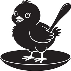 A cartoon bird with big eyes standing on a black plate in a black and white illustration style