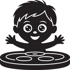 Black silhouette of a happy cartoon boy with arms raised standing behind a round table with circles