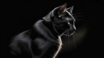 Elegant black cat with striking eyes against a dark background