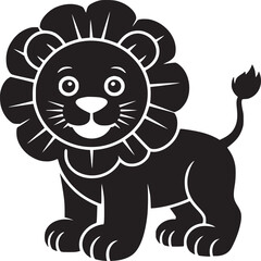 A cartoon lion in black and white with a large mane and a tail standing on a white background design