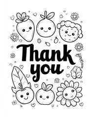 Thank You Monochrome Card Featuring Cute Fruit and Flower Characters for Coloring