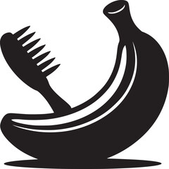 A black and white graphic of a banana with a comb resting on its peel in a simple illustration
