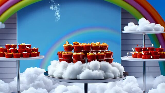 Colorful dessert display on cloud backdrop with rainbow