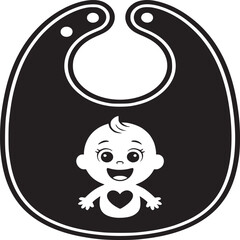 Black and white baby bib with a cartoon baby face graphic in the center of the bib illustration