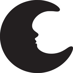 A black crescent moon silhouette with a human face profile against a white background in simple art © MuhammadUmair
