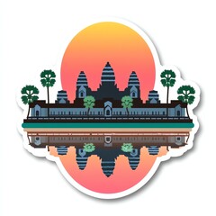 Angkor Wat Temple Sunset Reflection Stylized Pixel Art Illustration