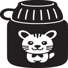 Black and white illustration of a bottle with a cat design and a handle on a white background
