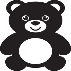 A simple black and white illustration of a teddy bear with a white belly and a smiling face on a white background