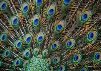 Obraz premium Closeup of a peacocks iridescent feathers with intricate eye patterns in vibrant blue and green