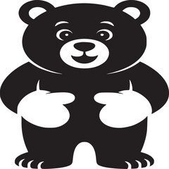 A cartoon bear standing with white mittens in black and white vector illustration on a white background