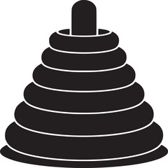Black and white image of a stacked ring toy with a peg on top against a white background