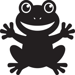 A stylized black frog with a wide smile and outstretched arms on a plain white background design art