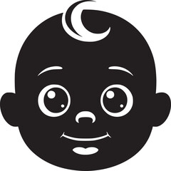 A stylized black and white illustration of a baby's face with a small curl on top of its head