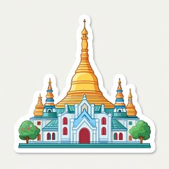Obraz premium Golden Pagoda Pixel Art Illustration with Teal Accents