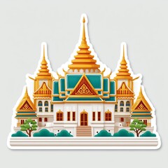 Golden Teal Thai Temple Illustration with Lush Green Landscaping
