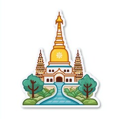 Obraz premium Golden Temple Pixel Art Illustration with Blue Waterway