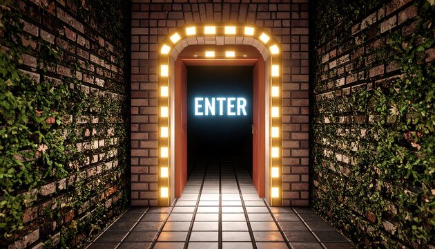 Lighted Archway with "Enter" Sign on Dark Door in Brick Hallway