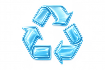 Glossy blue recycling symbol rotating on transparent background, promoting environmental awareness and sustainable practices